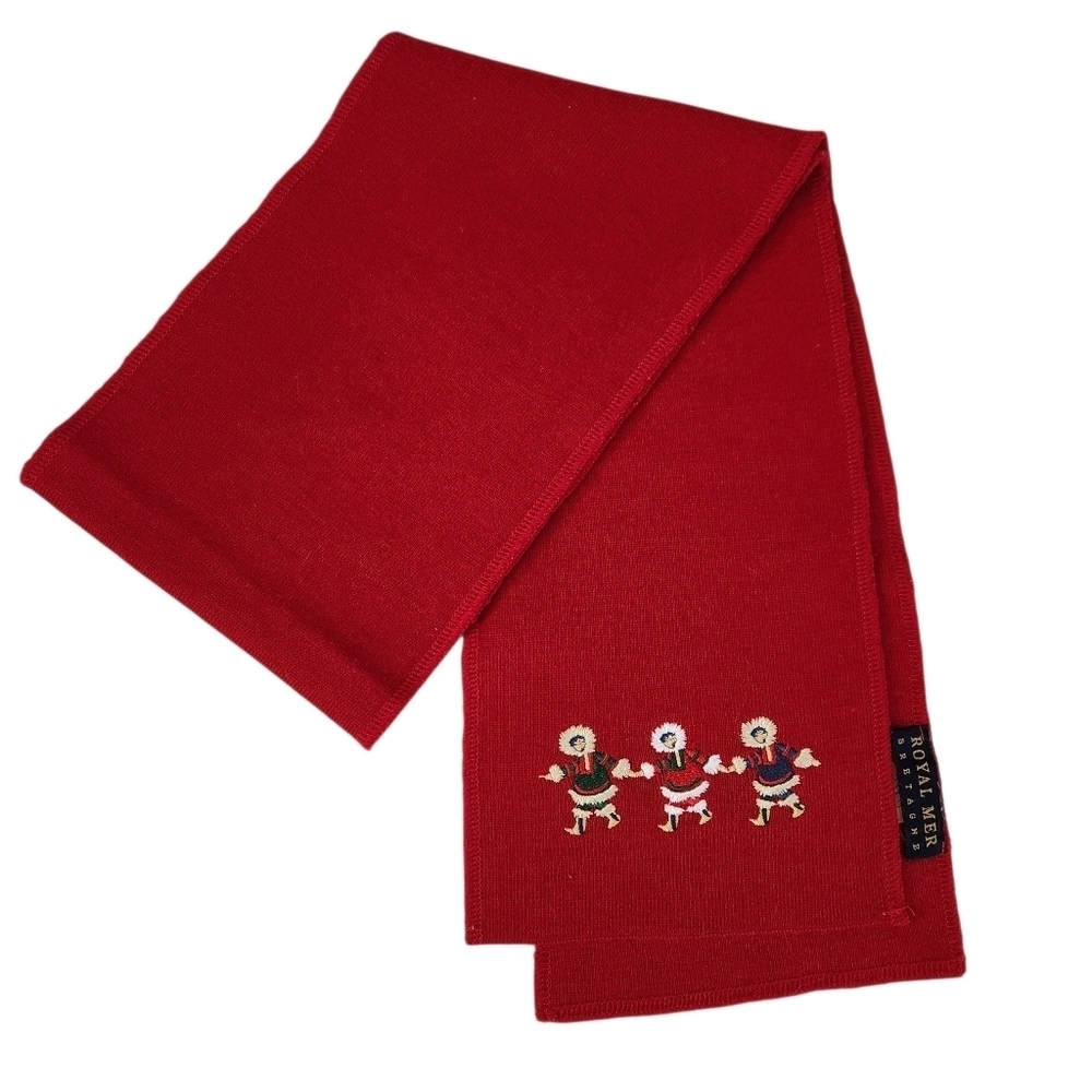 ROYAL MER BRETAGNE Red Wool Blend Embroidered Scarf with Dancing Figures – one s